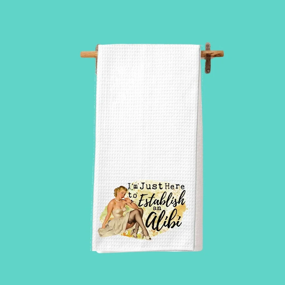 Vintage Pin Up Alibi Waffle Weave Kitchen Towel White Retro Hand Towel 16x24
